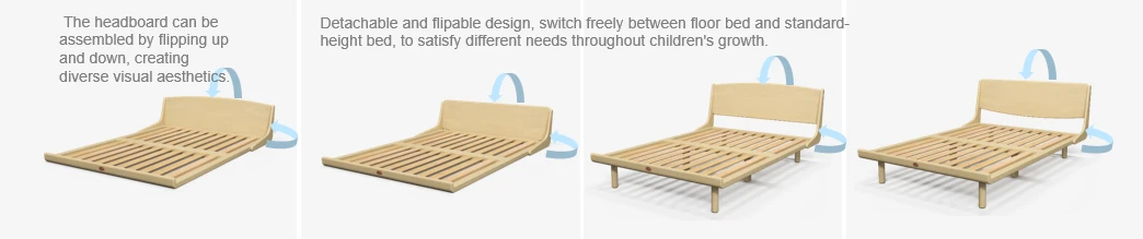 Low-profile toddler bed wholesale featuring flipable headboard and detachable legs for floor-to-standard bed conversion. Low-profile toddler bed wholesale featuring flipable headboard and detachable legs for floor-to-standard bed conversion.